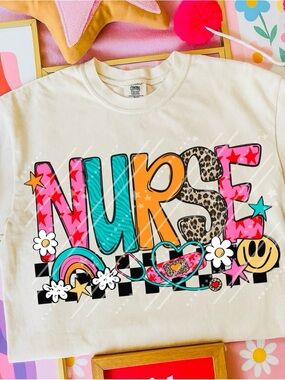 Comfort Colors Ivorg Unisex NURSE Graphic Tee with Bright Multi Colors